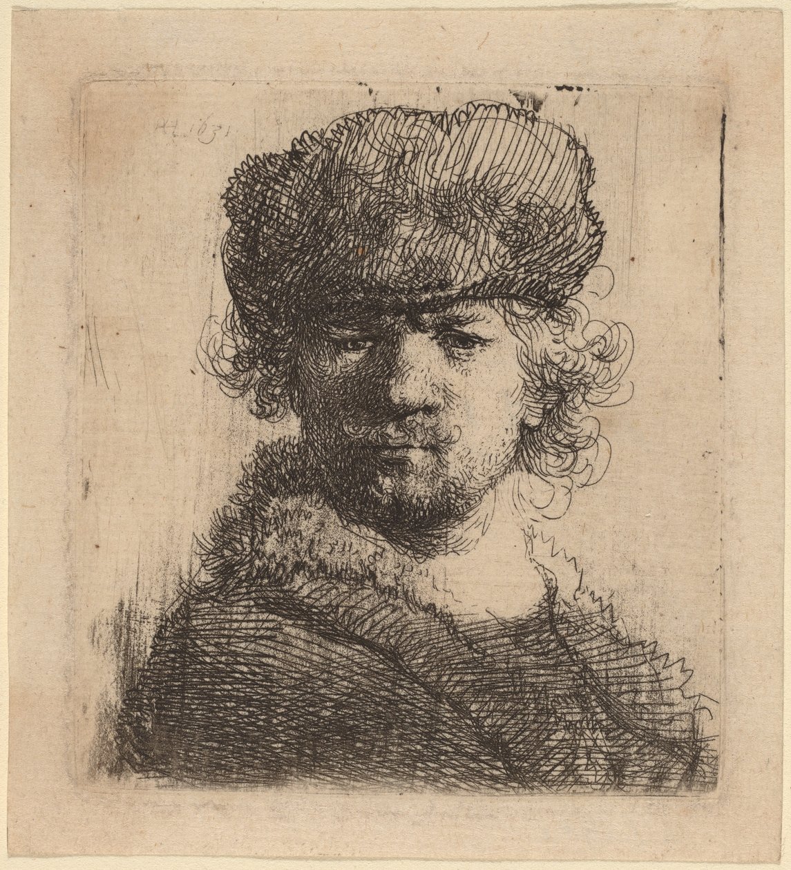 Selvportrett i en lue med kraftig pels av Rembrandt van Rijn