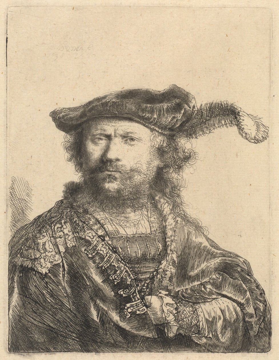 Selvportrett i fløyelshette med plume av Rembrandt van Rijn