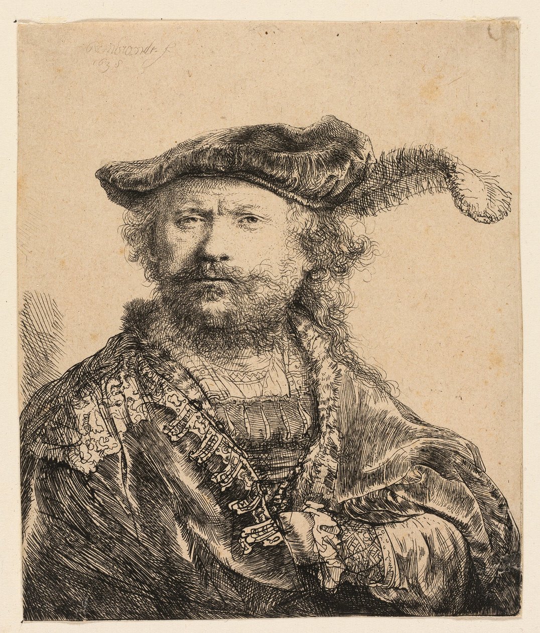 Selvportrett i fløyelshette med plume av Rembrandt van Rijn
