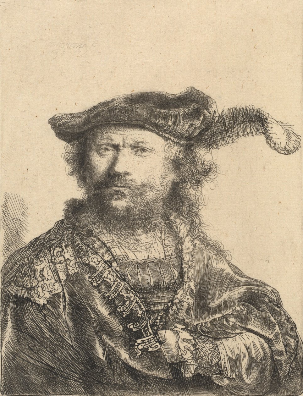 Selvportrett i en fløyelshette med plym, 1638. av Rembrandt van Rijn