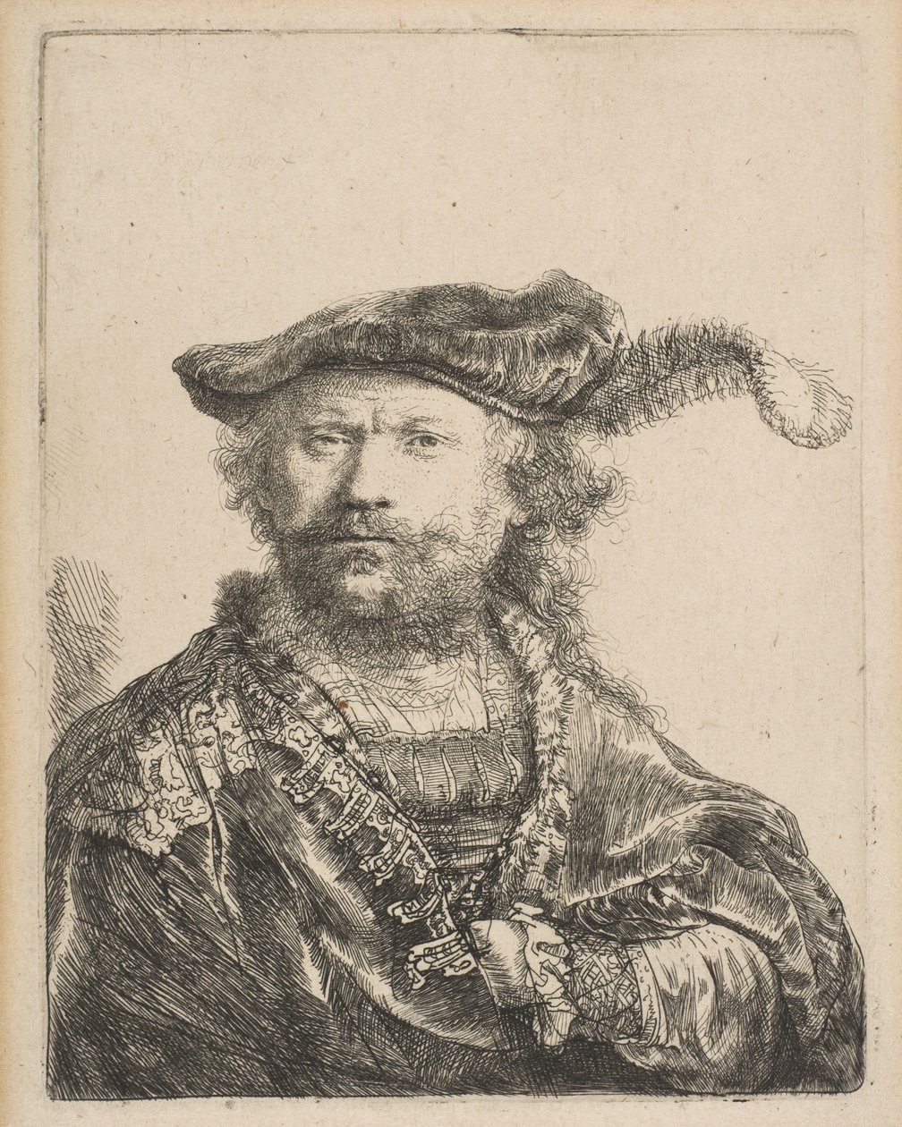 Selvportrett i en fløyelshette med plum, 1638. av Rembrandt van Rijn