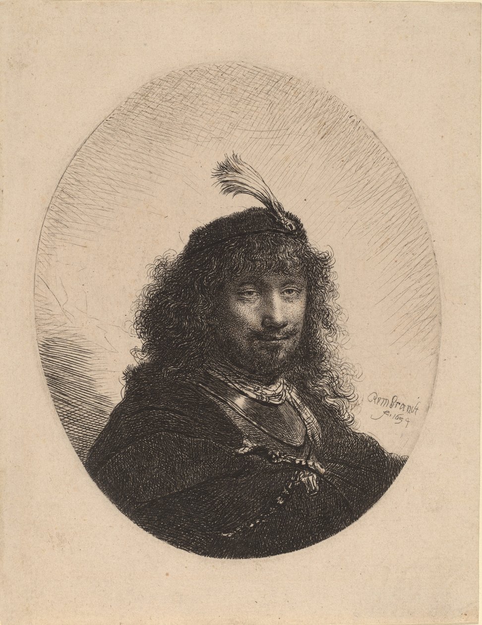 Selvportrett med plymerhette og senket sabel, 1634. av Rembrandt van Rijn