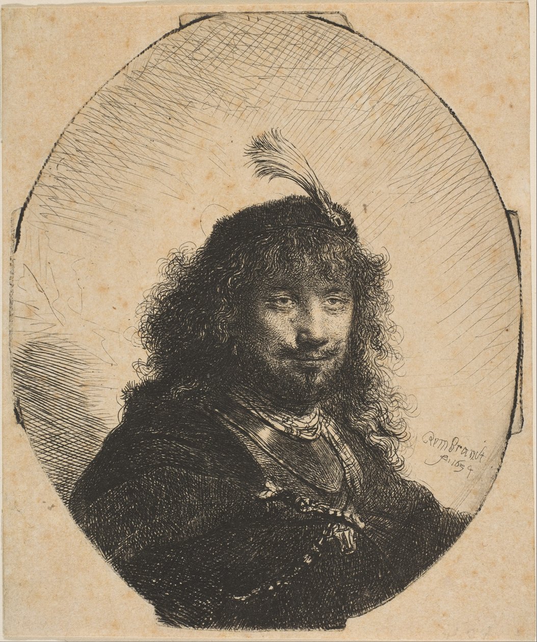 Selvportrett med plymerhette og senket sabel, 1634. av Rembrandt van Rijn