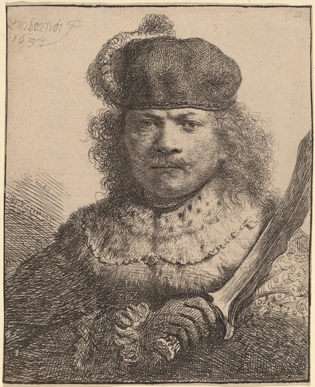 Selvportrett med hevet sabel av Rembrandt van Rijn