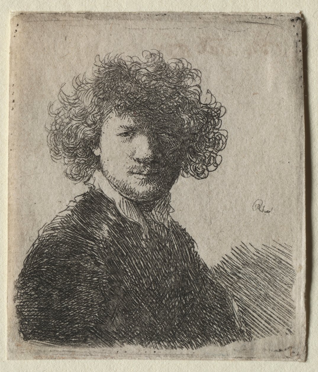 Selvportrett med krøllete hår og hvit krage: Byste, ca. 1630. av Rembrandt van Rijn