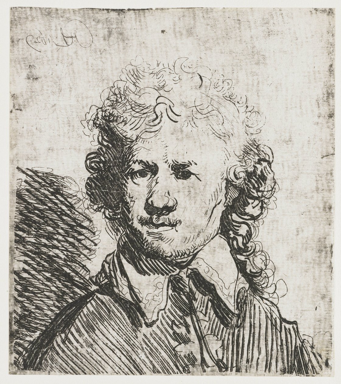 Selvportrett, barhodet Selvportrett barhodet: byste, grovt etset av Rembrandt van Rijn