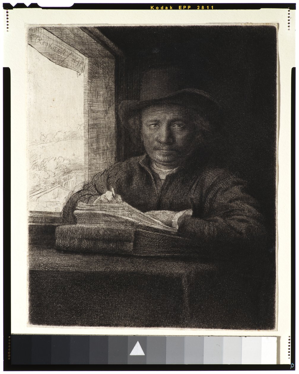 Selvportrett, Etching at a Window, 1648 (etsing og gravering på lagt papir) av Rembrandt van Rijn