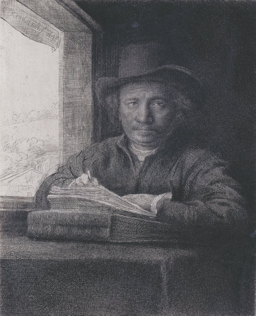 Selvportrett, Etching at a Window, 1648 (etsing og gravering på lagt papir) av Rembrandt van Rijn