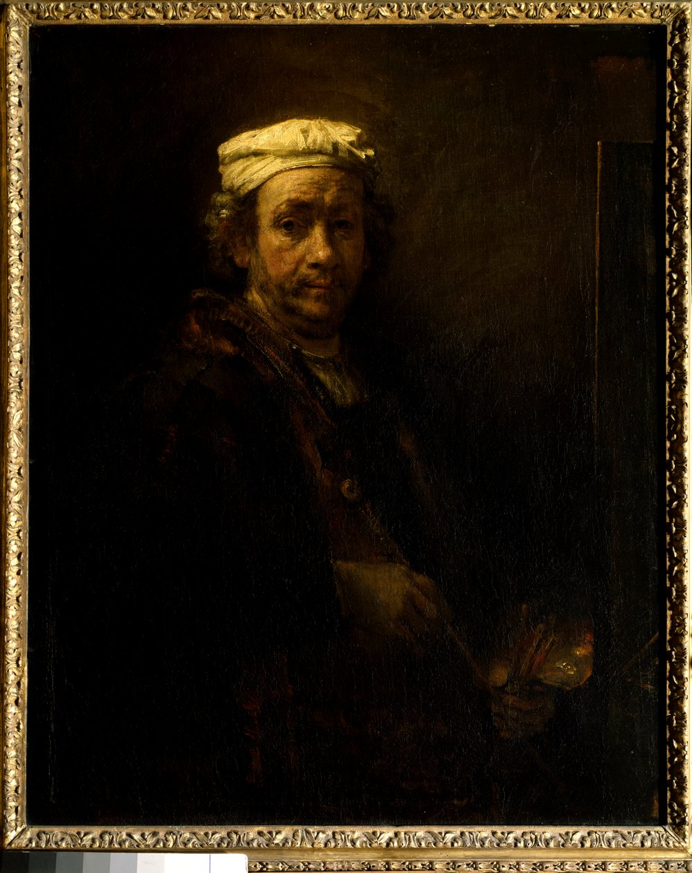 Selvportrett ved staffeli. Maleri av Rembrandt Harmenszoon van Rijn dit Rembrandt (1606-1669) Ec. Hul. av Rembrandt van Rijn