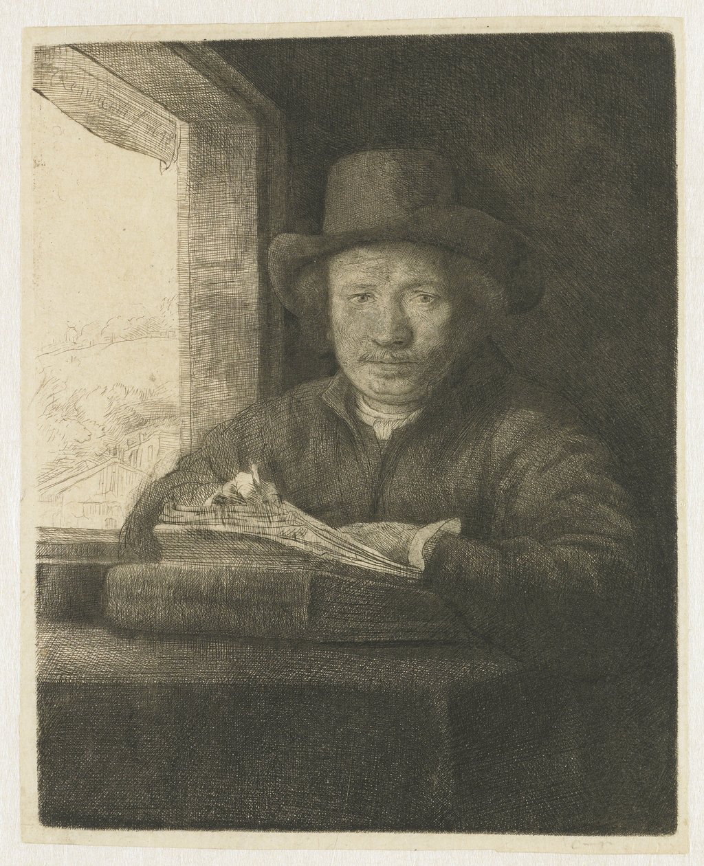 Selvportrett-etsing ved et vindu av Rembrandt van Rijn