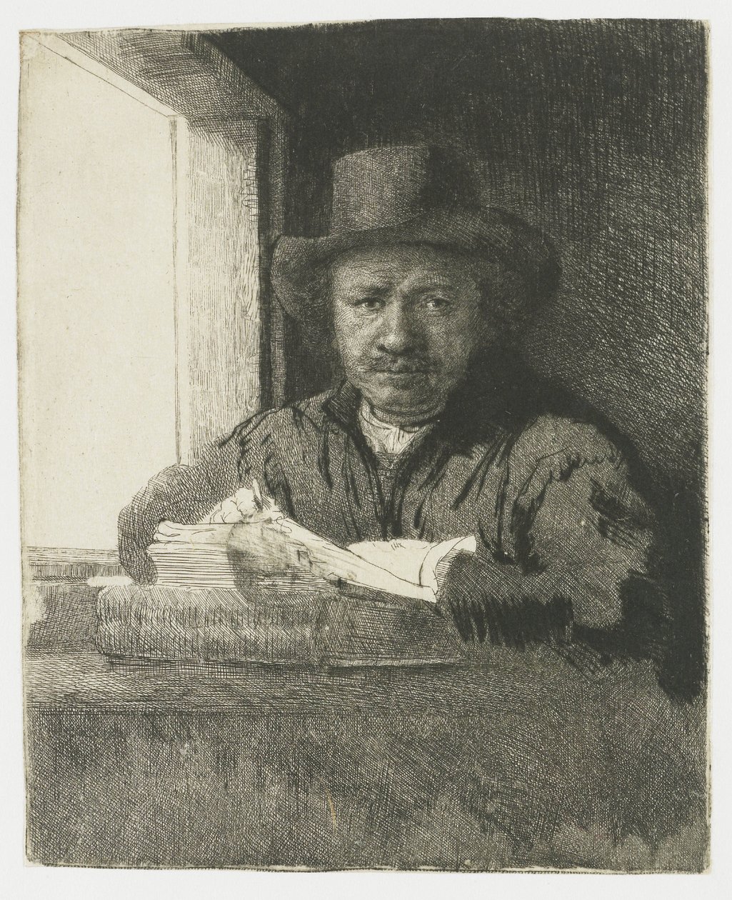 Selvportrett i etsning ved et vindu av Rembrandt van Rijn