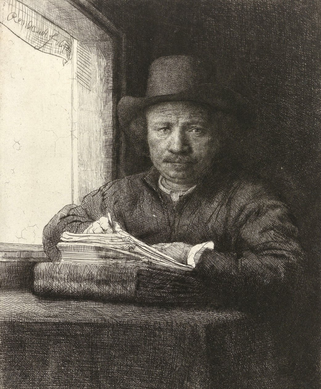 Selvportrettetsing ved et vindu, 1648 av Rembrandt van Rijn
