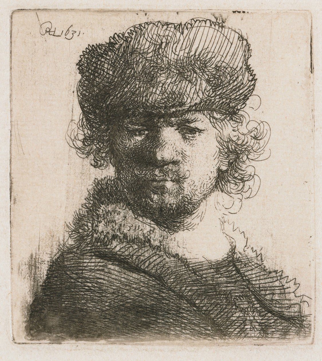 Selvportrett i en lue med tung pels Selvportrett i tung pelshatt: byste av Rembrandt van Rijn