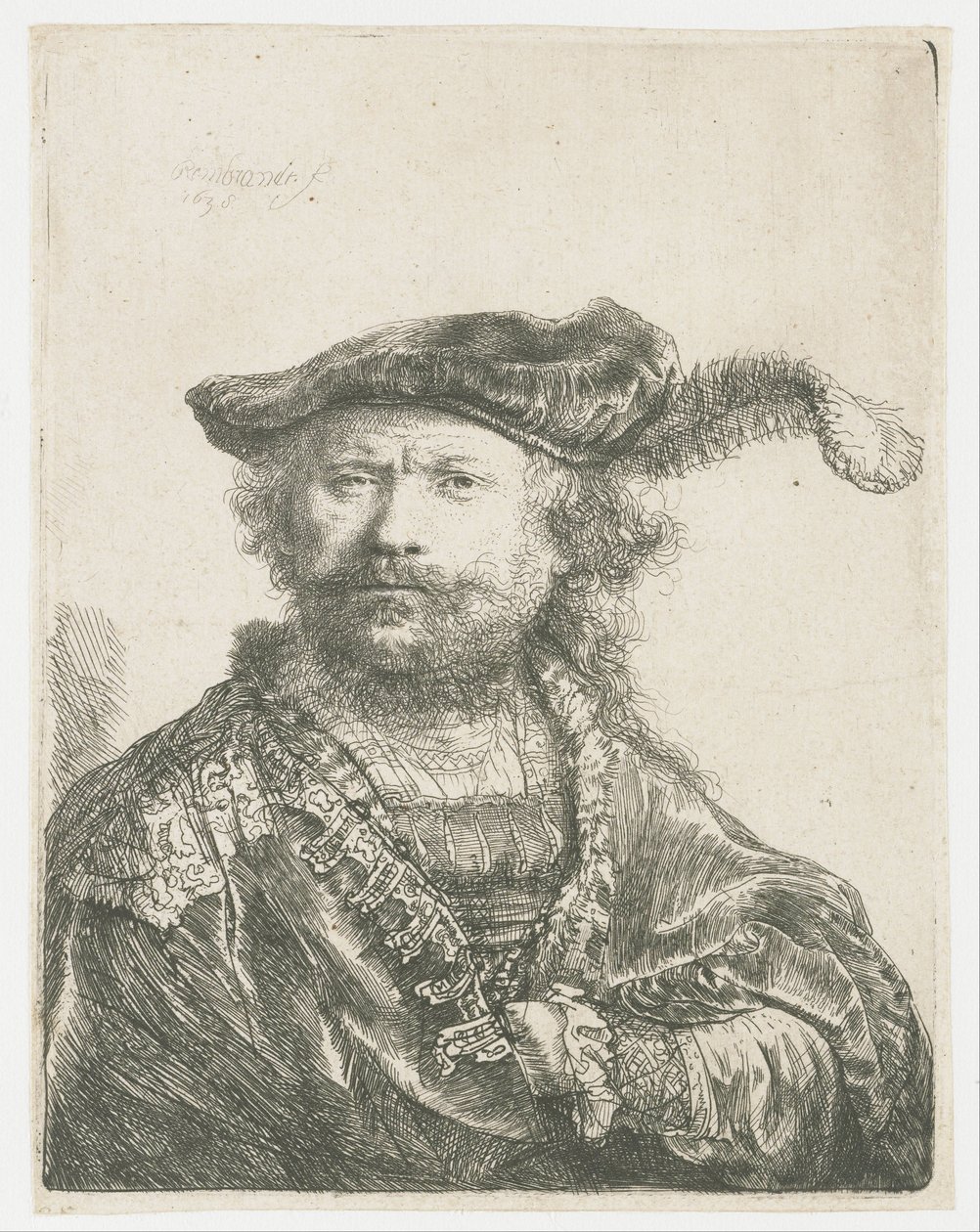 Selvportrett i fløyelshette med plume Selvportrett i fløyelshette med sky av Rembrandt van Rijn