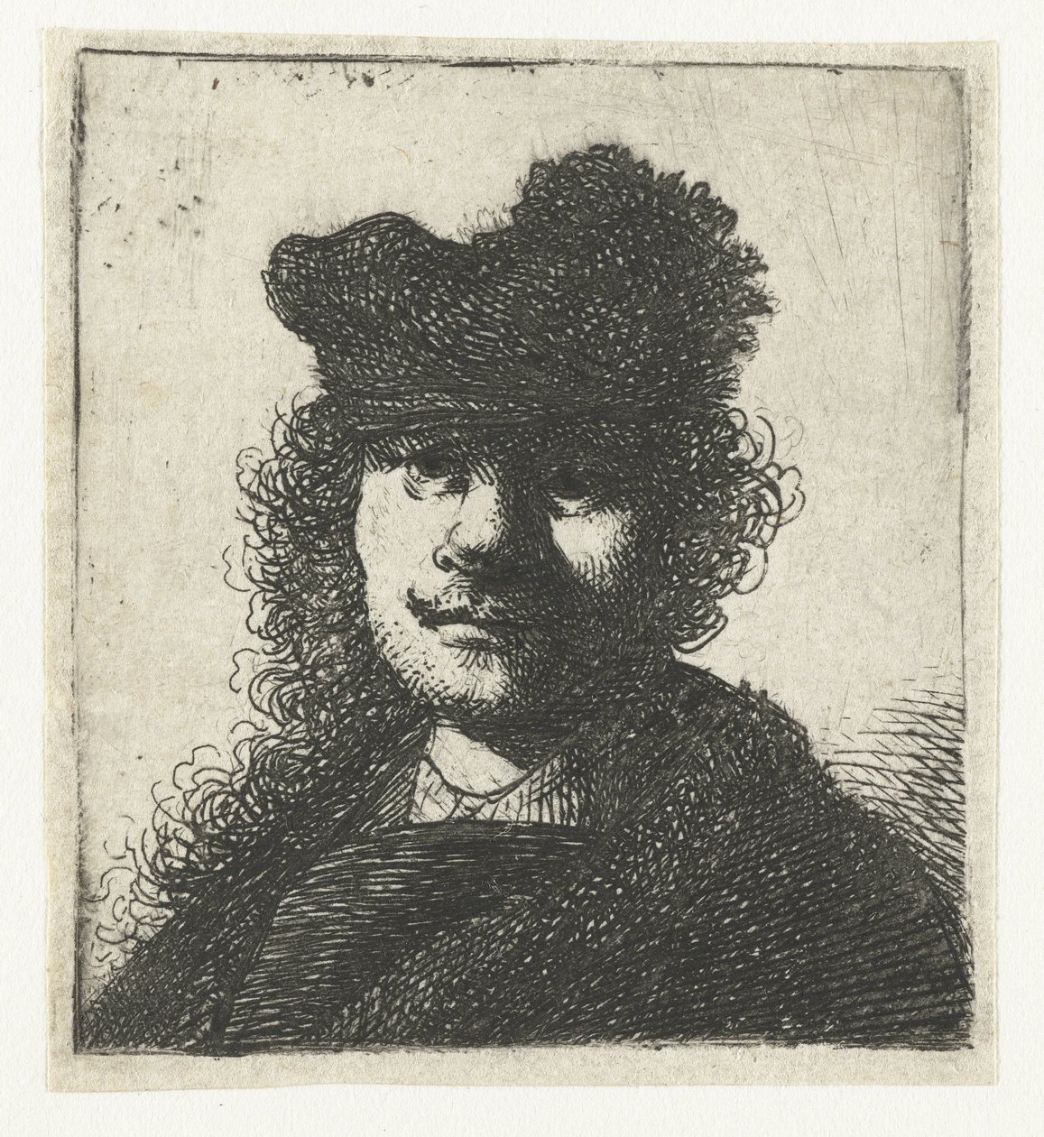 Selvportrett i caps og mørk kappe: byste av Rembrandt van Rijn