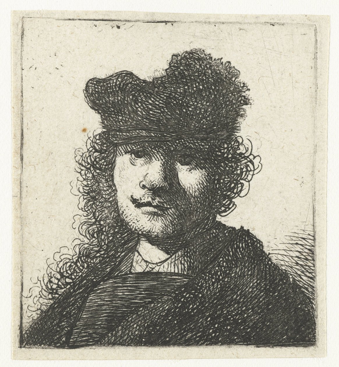 Selvportrett i caps og mørk kappe: byste av Rembrandt van Rijn