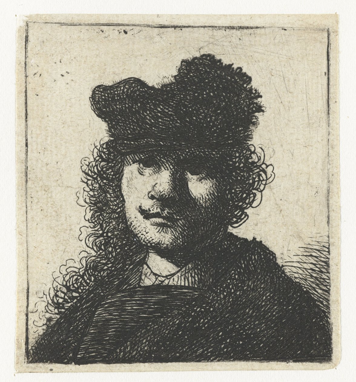 Selvportrett i caps og mørk kappe: byste av Rembrandt van Rijn