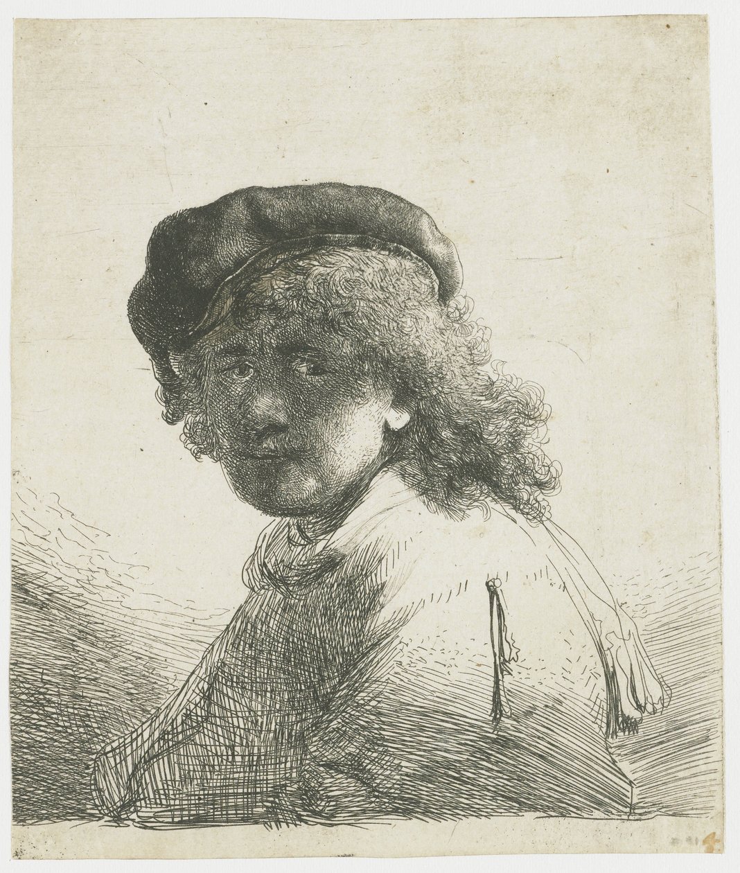 Selvportrett i lue og skjerf med ansiktet mørkt: byste av Rembrandt van Rijn