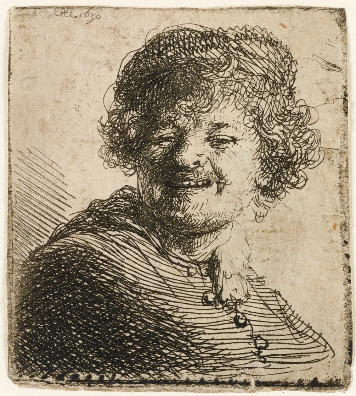 Selvportrett i caps: latter, 1630. av Rembrandt van Rijn