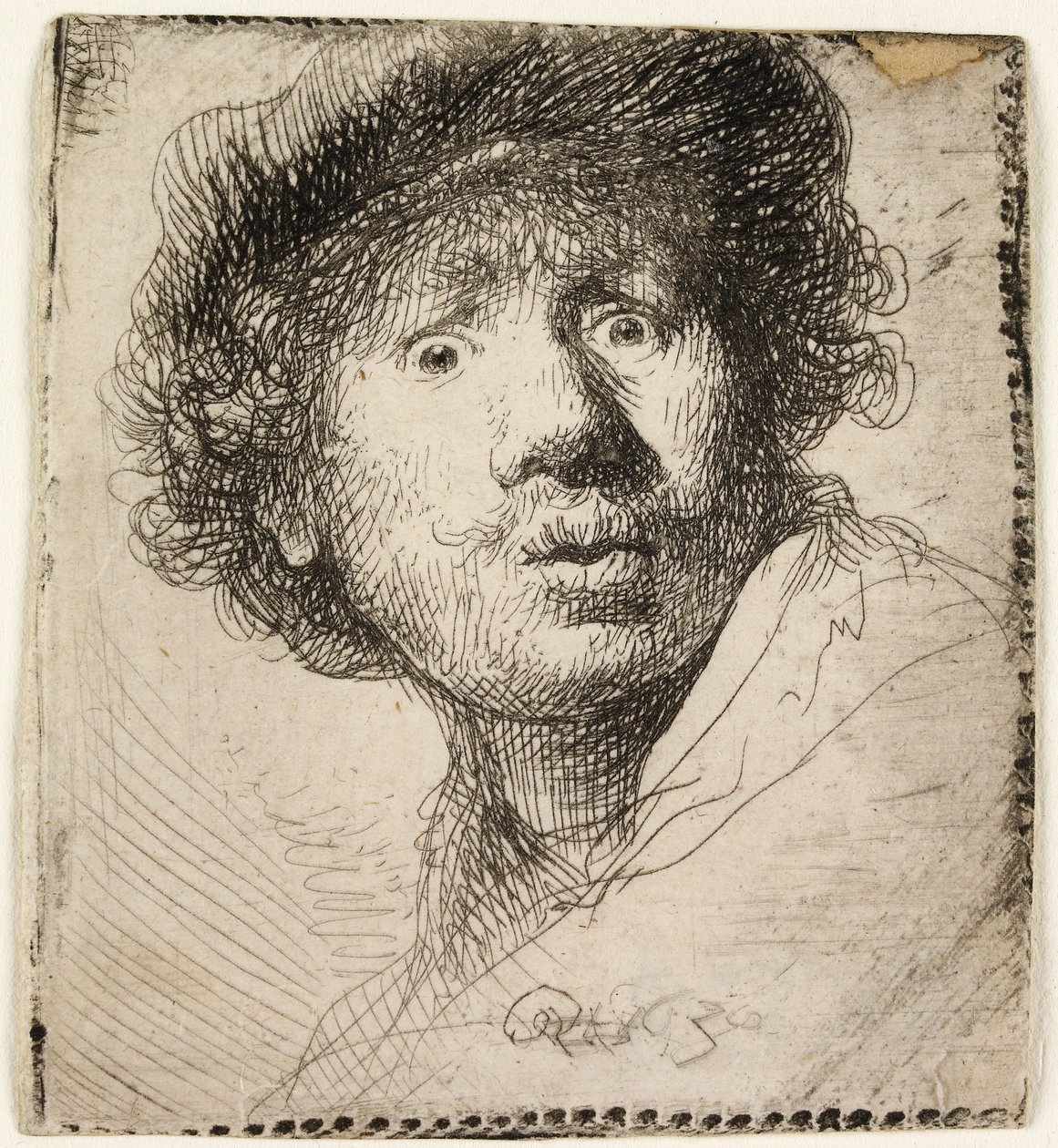 Selvportrett i caps: åpen munn, 1630. av Rembrandt van Rijn