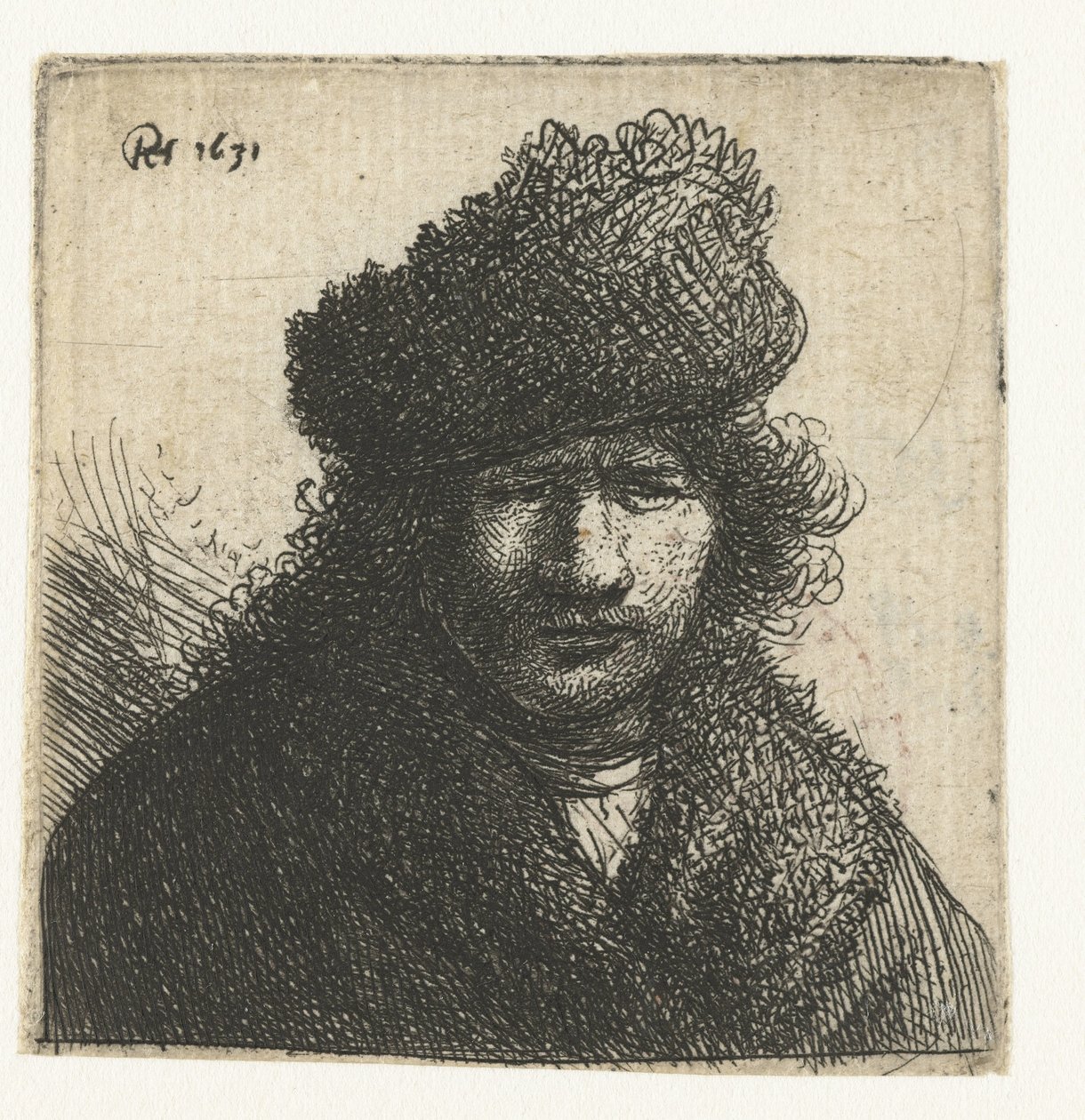Selvportrett i skrå pelshatt: byste av Rembrandt van Rijn