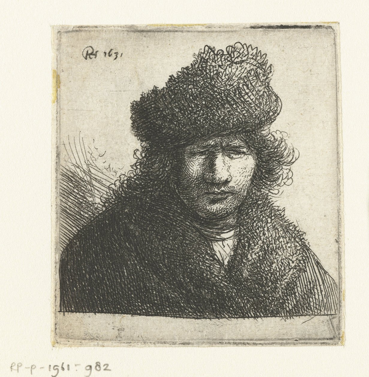 Selvportrett i skrå pelshatt: byste av Rembrandt van Rijn
