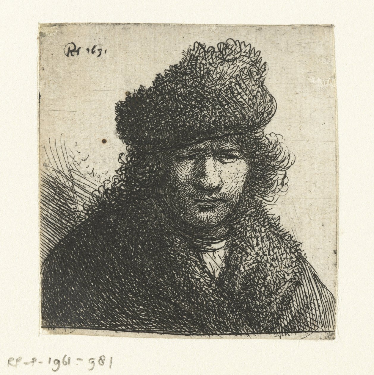 Selvportrett i skrå pelshatt: byste av Rembrandt van Rijn