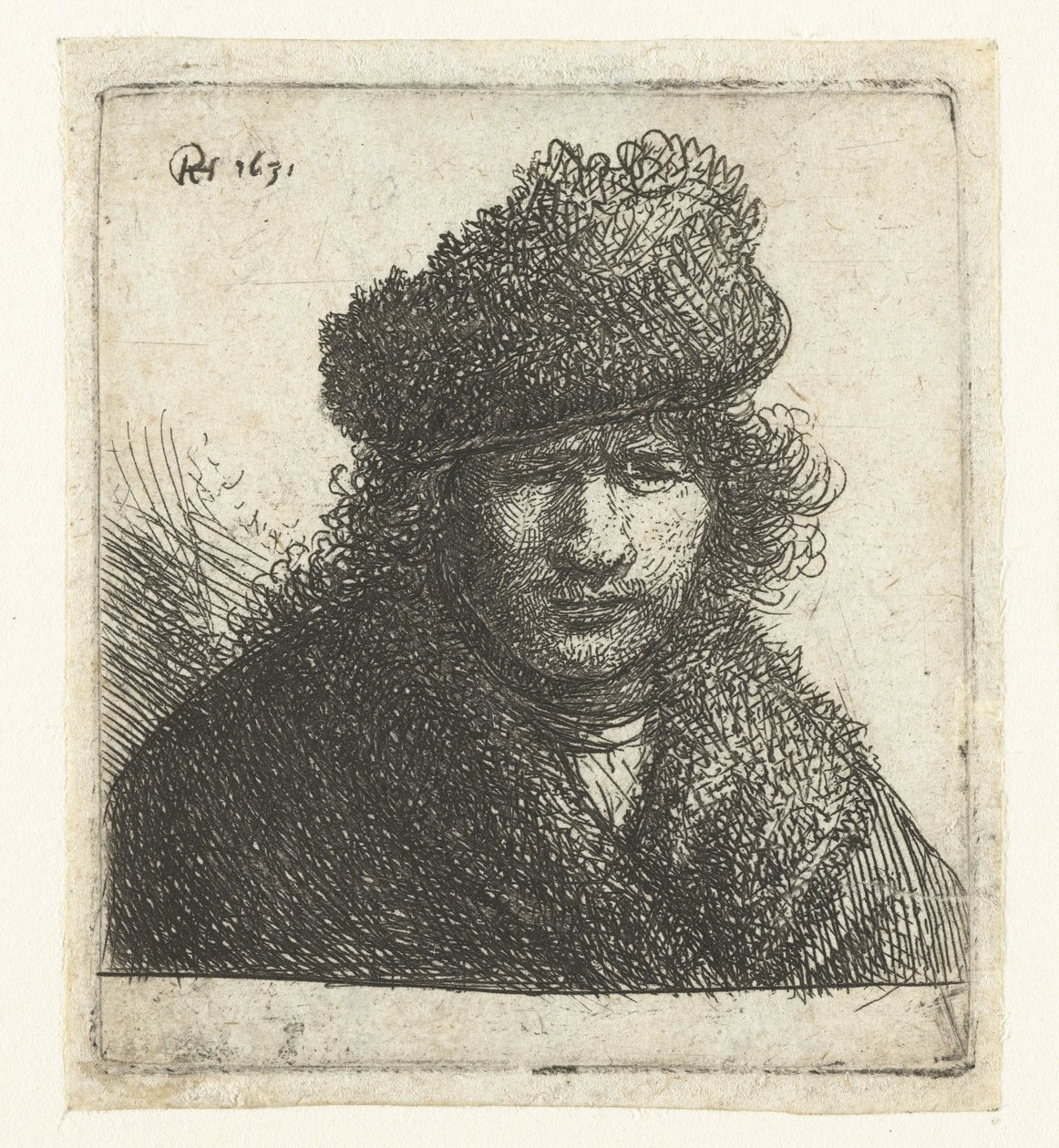 Selvportrett i skrå pelshatt: byste av Rembrandt van Rijn