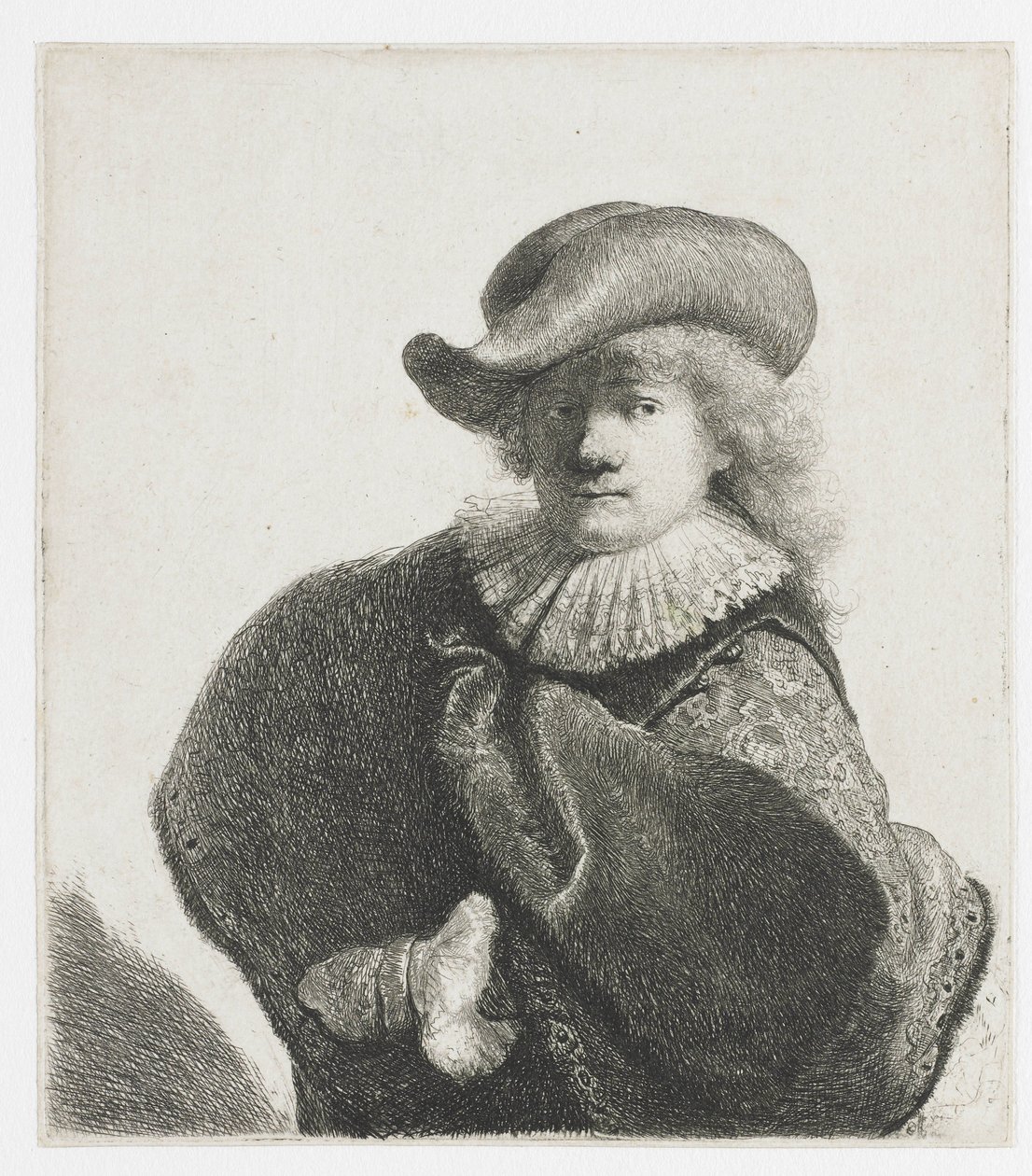 Selvportrett i myk lue og mønstret kappe av Rembrandt van Rijn
