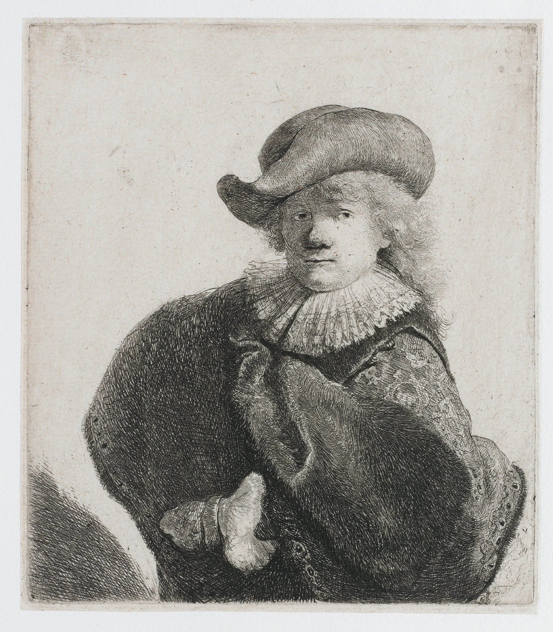 Selvportrett med myk hatt og mønstret kappe av Rembrandt van Rijn