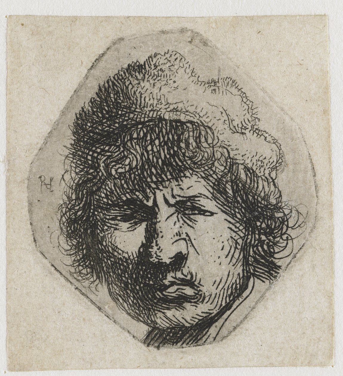 Selvportrett skulende av Rembrandt van Rijn
