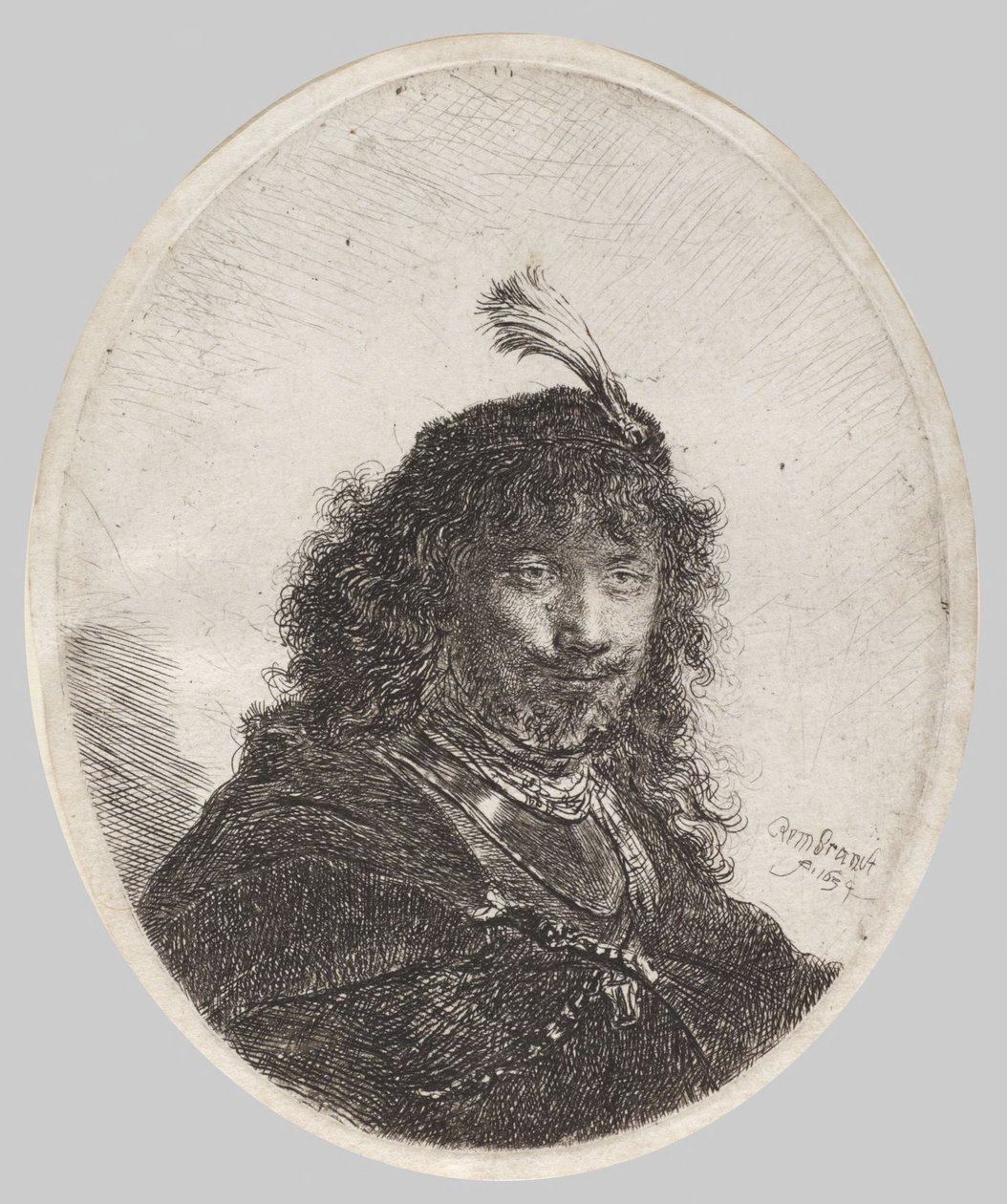 Selvportrett med fjærprydet lue og senket sabel av Rembrandt van Rijn