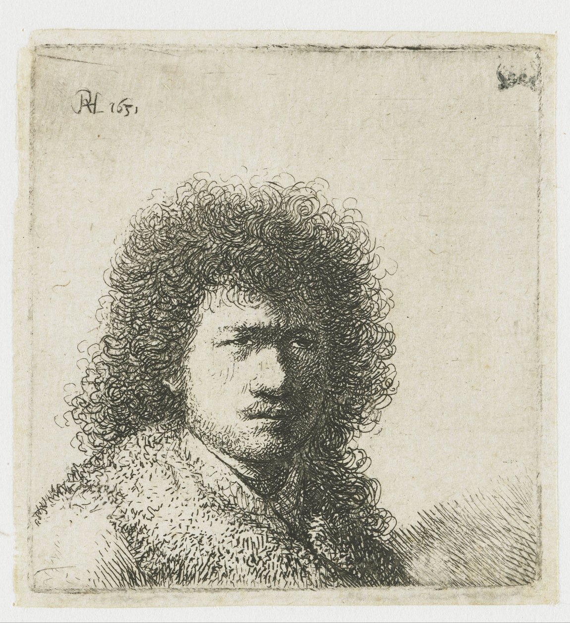 Selvportrett med buskete hår: byste av Rembrandt van Rijn