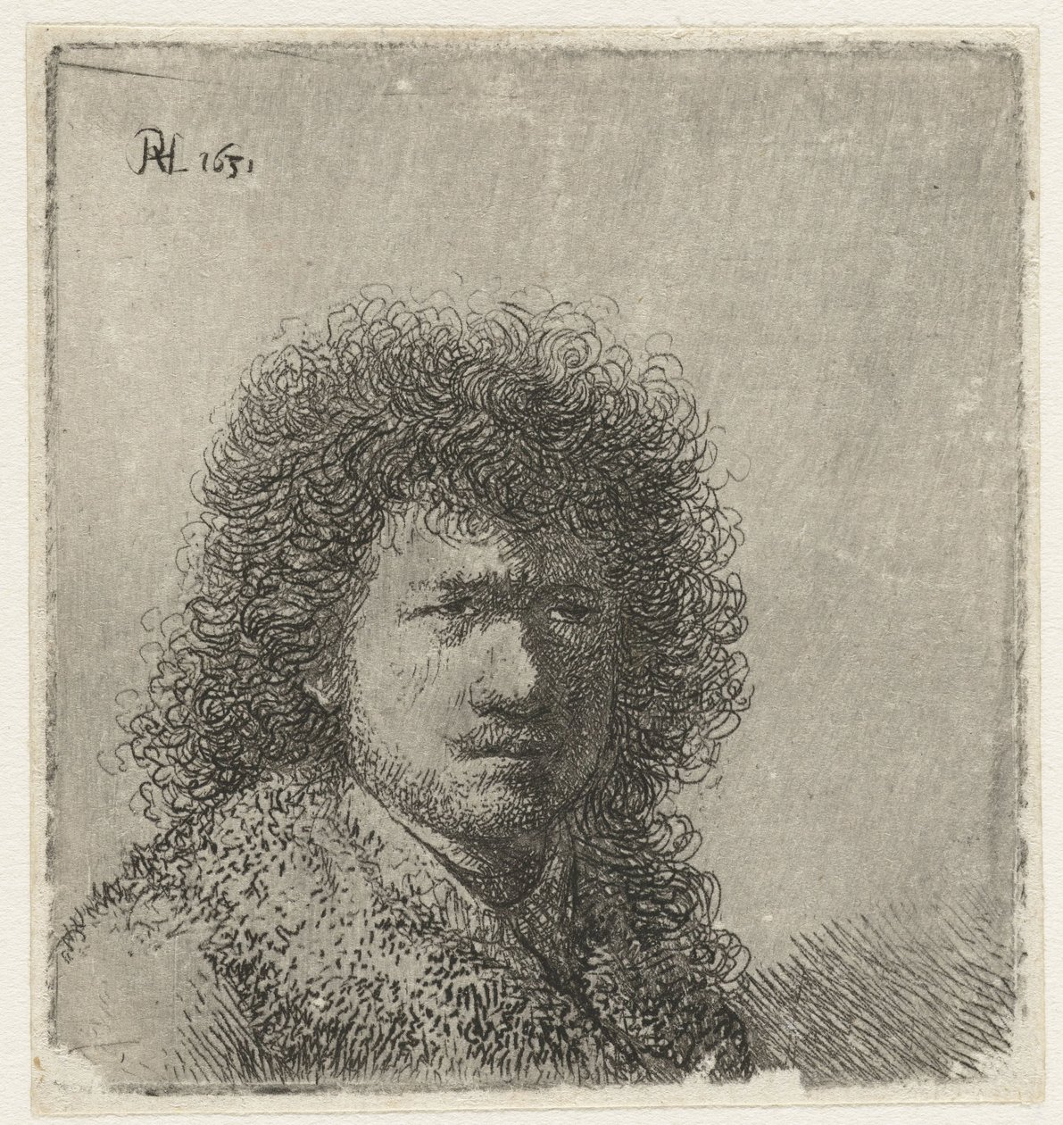 Selvportrett med buskete hår: byste av Rembrandt van Rijn