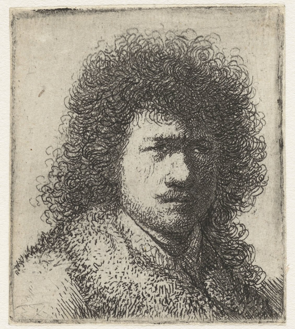 Selvportrett med buskete hår: brystbilde av Rembrandt van Rijn