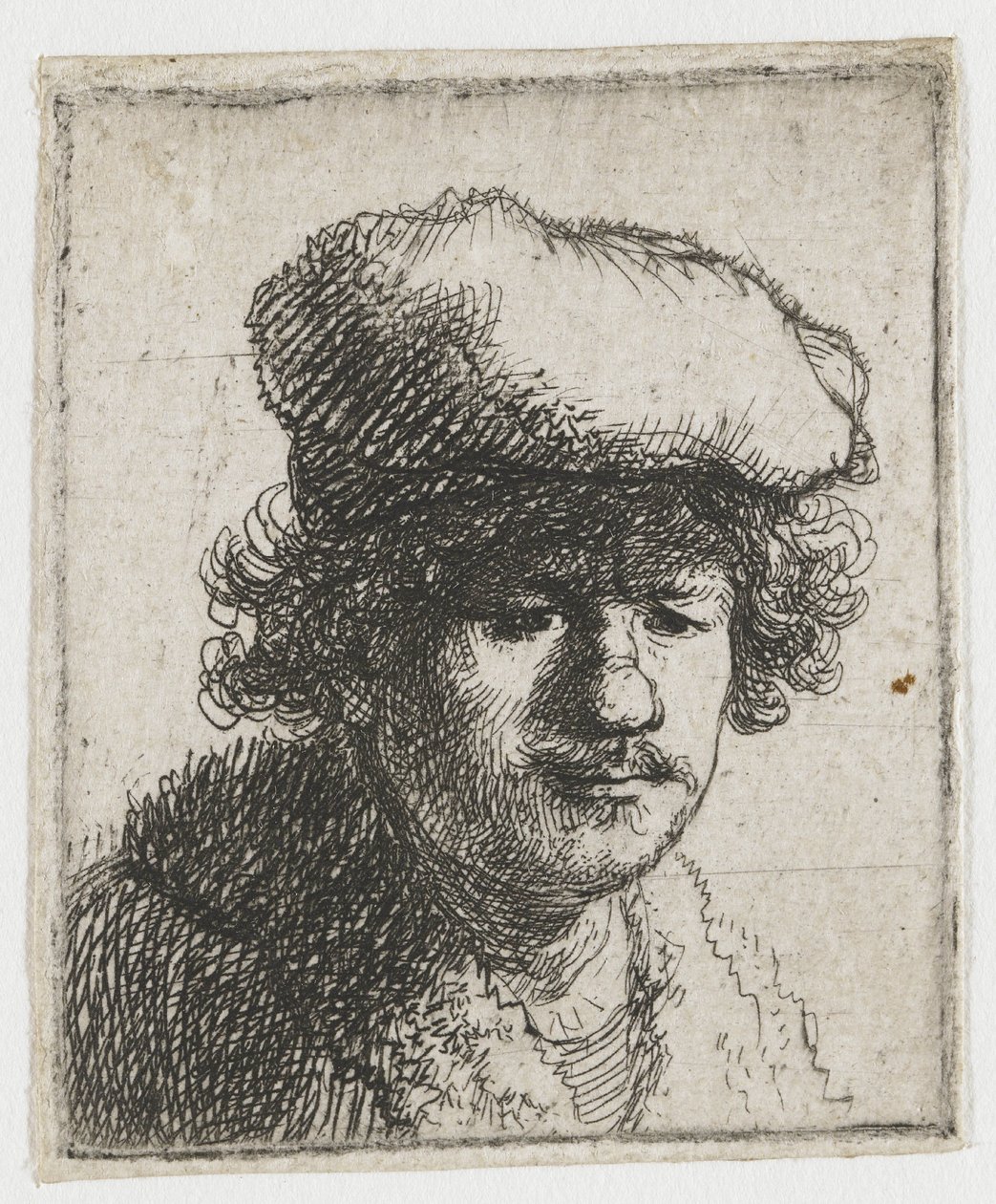 Selvportrett med lue trukket fremover av Rembrandt van Rijn