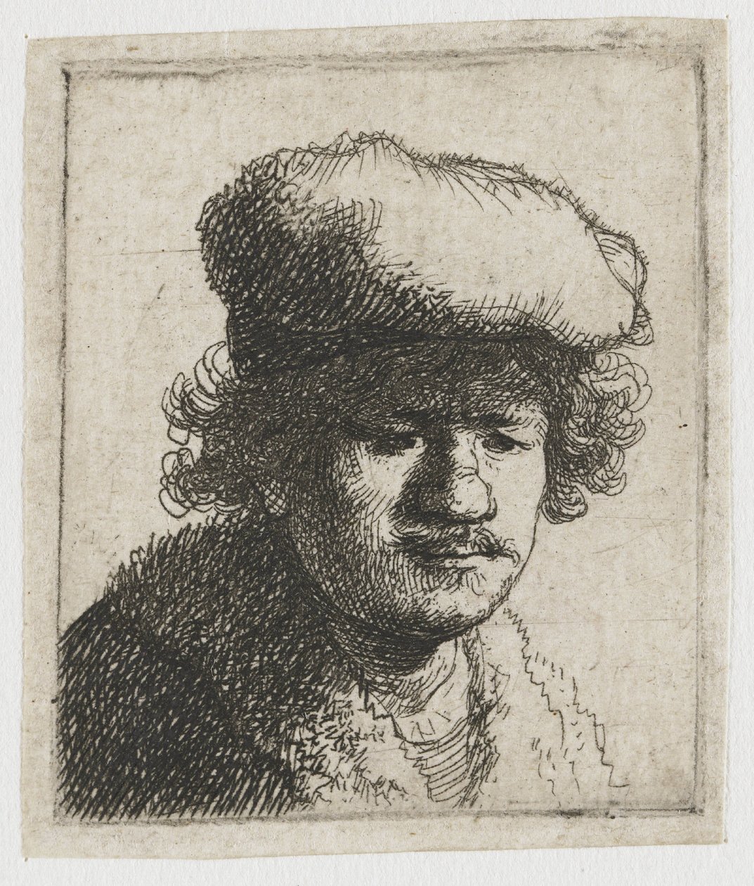 Selvportrett med lue trukket fremover av Rembrandt van Rijn
