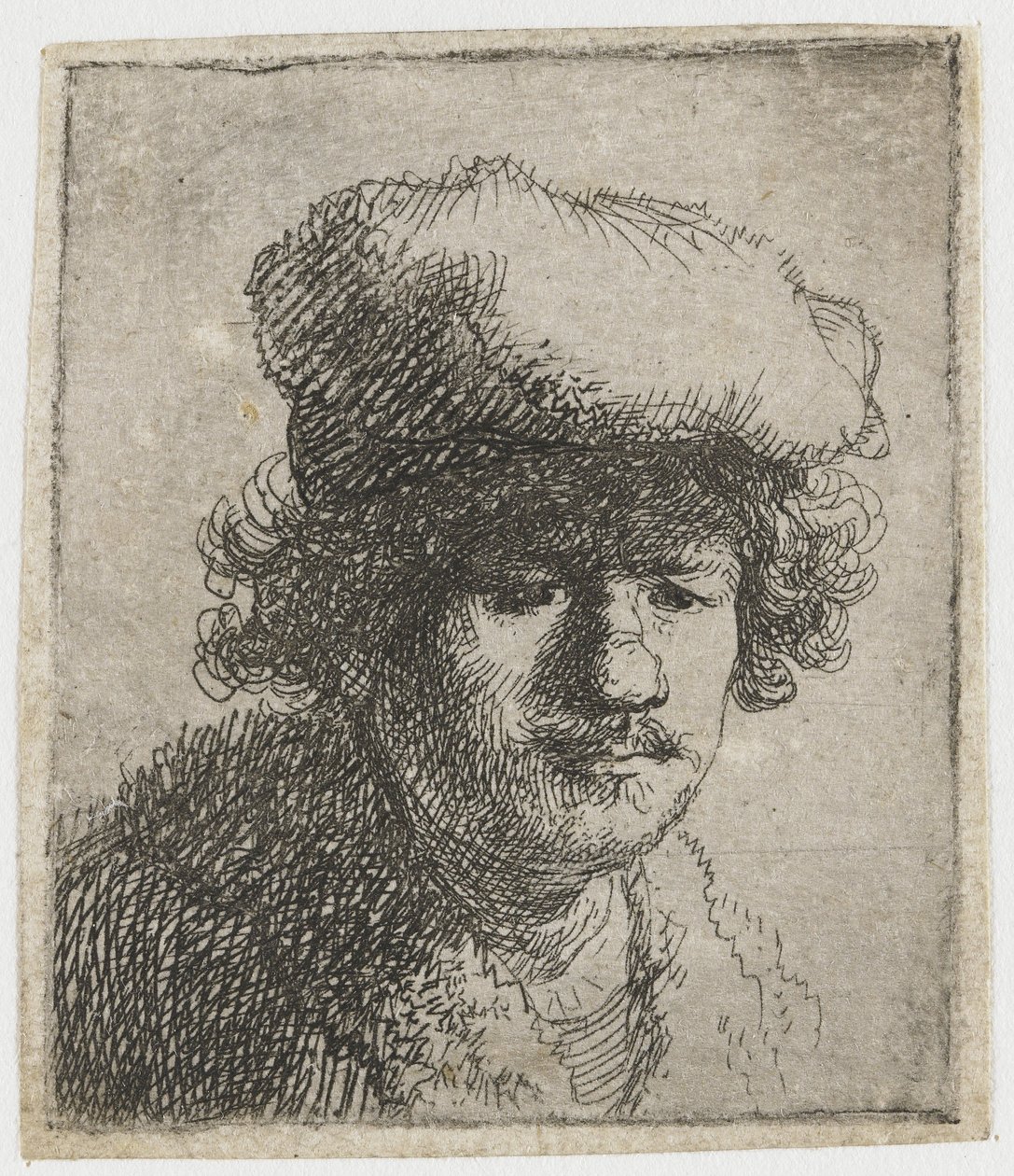 Selvportrett med hette trukket frem, ca.1630. av Rembrandt van Rijn