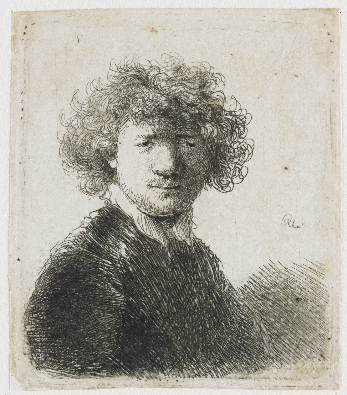 Selvportrett med krøllete hår og hvit krage: byste av Rembrandt van Rijn