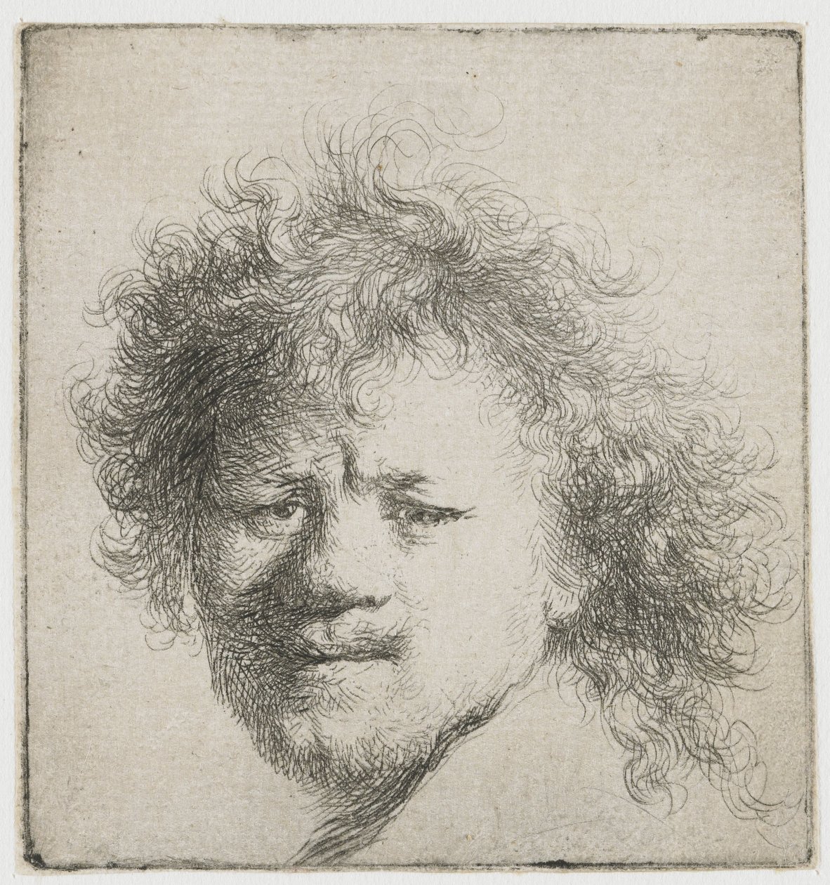 Selvportrett med langt buskete hår: kun hode av Rembrandt van Rijn