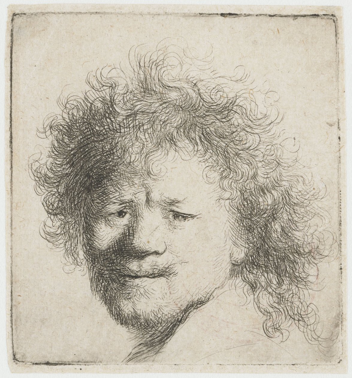 Selvportrett med langt, buskete hår: kun hodet av Rembrandt van Rijn