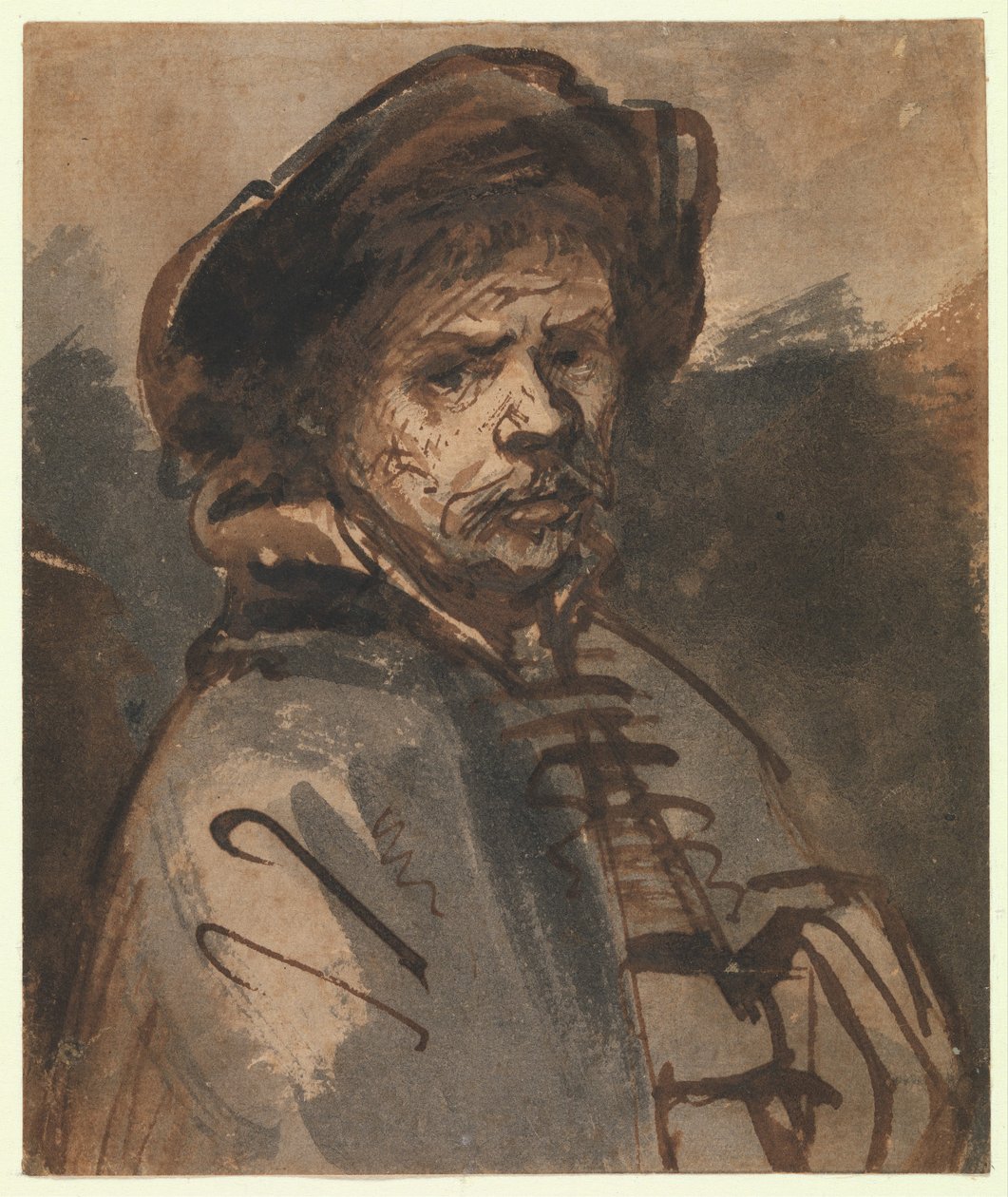 Selvportrett, 1635-40 (penn og brunt blekk) av Rembrandt van Rijn