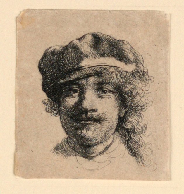 Selvportrett med myk hette: Helt ansikt, kun hode av Rembrandt van Rijn
