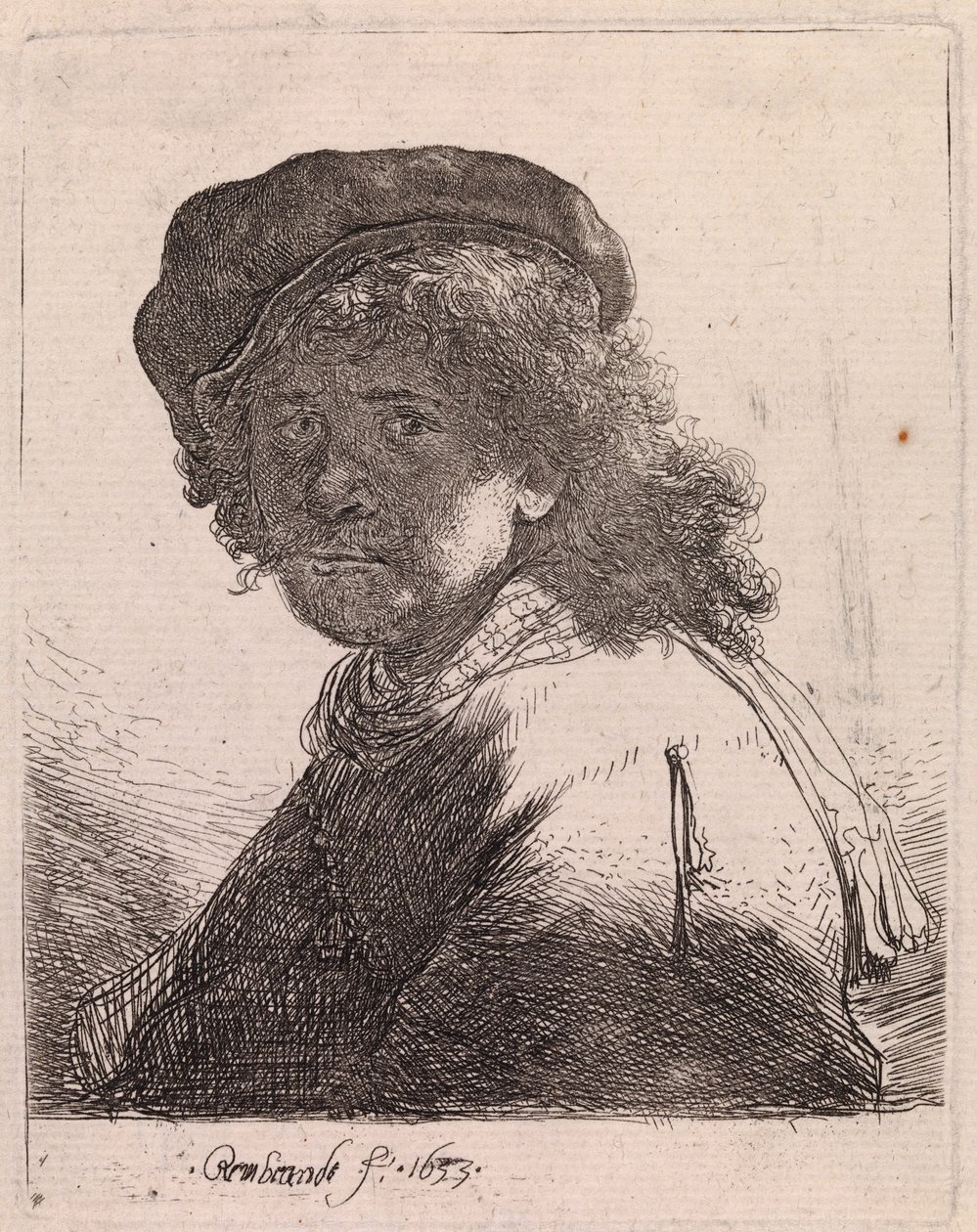Selvportrett med lue og skjerf, med mørkt ansikt av Rembrandt van Rijn