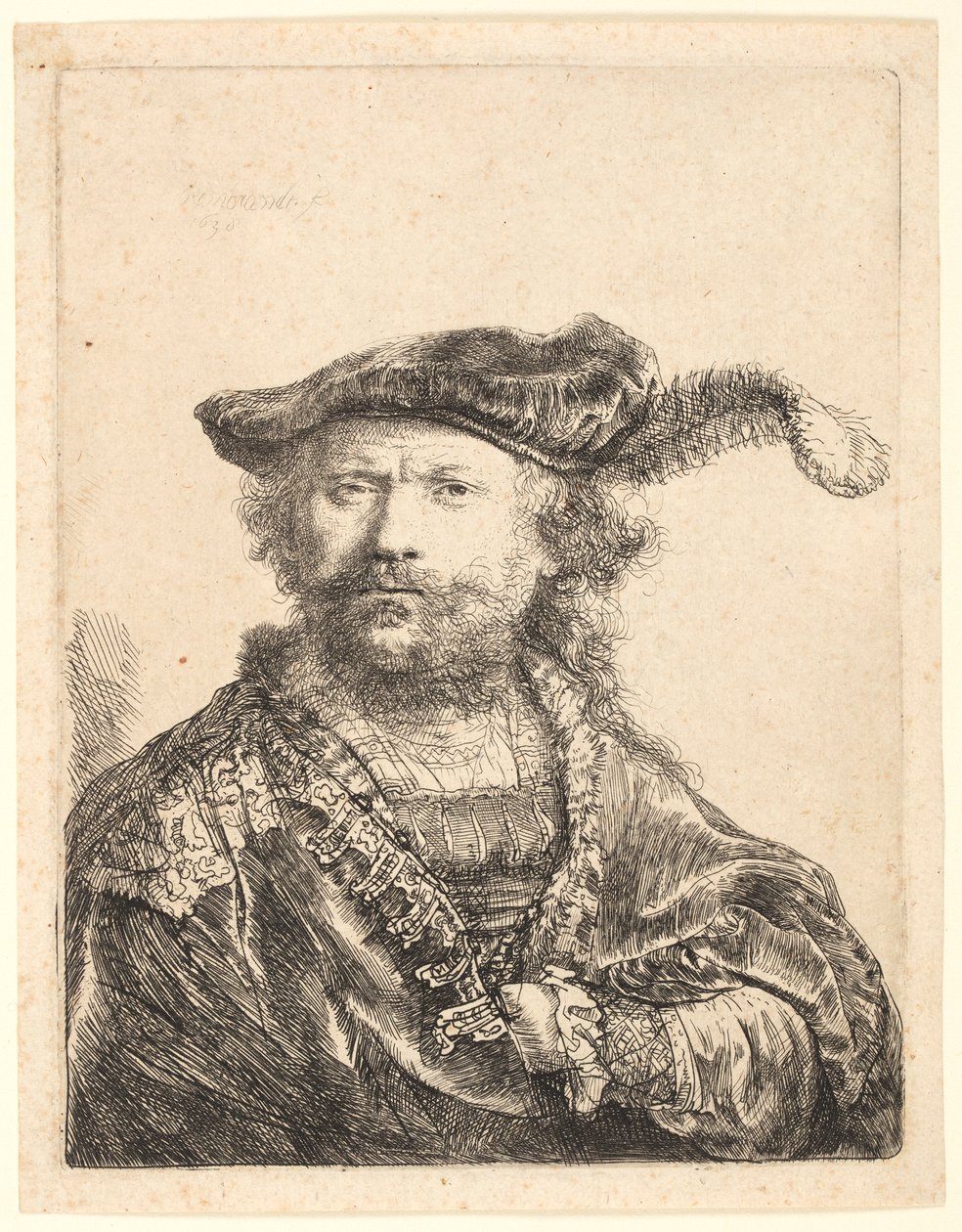 Selvportrett i en fløyelslue med sky av Rembrandt van Rijn