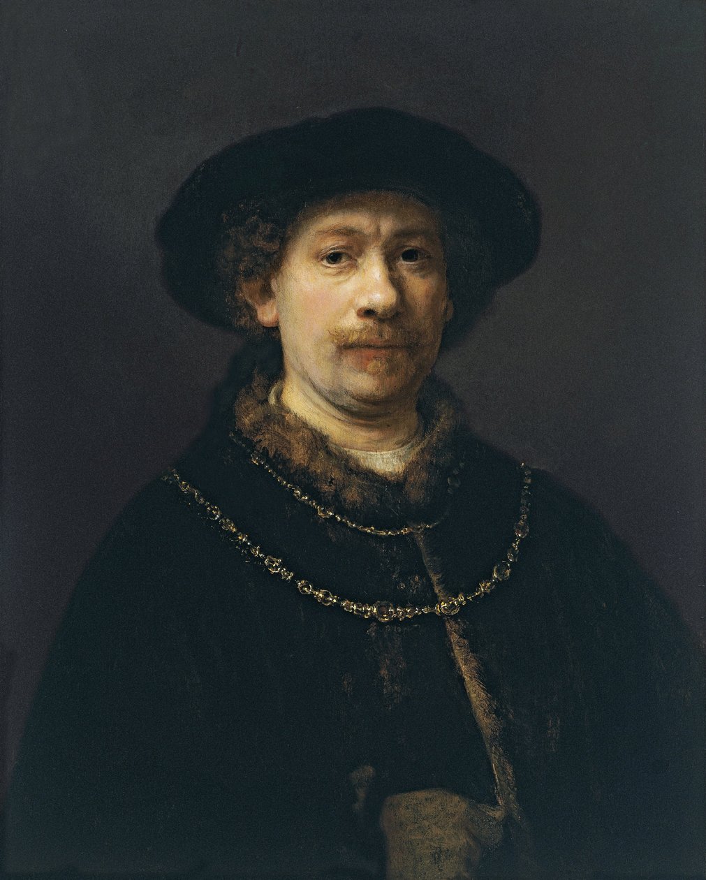 Selvportrett med beret og to gullkjeder, ca 1642 av Rembrandt van Rijn