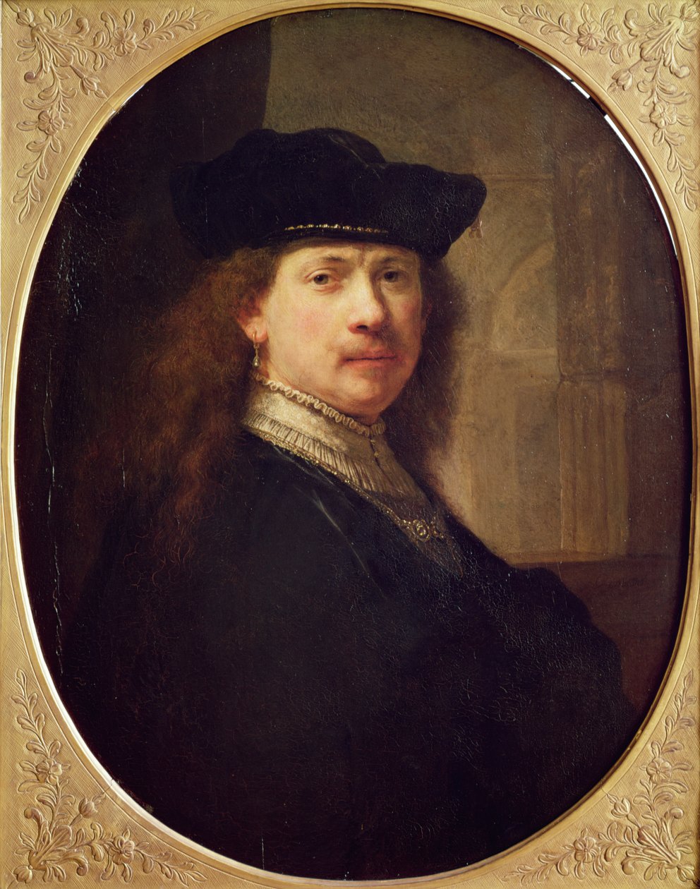 Selvportrett med hatt med arkitektur i bakgrunnen, 1637 (olje på tre) av Rembrandt van Rijn