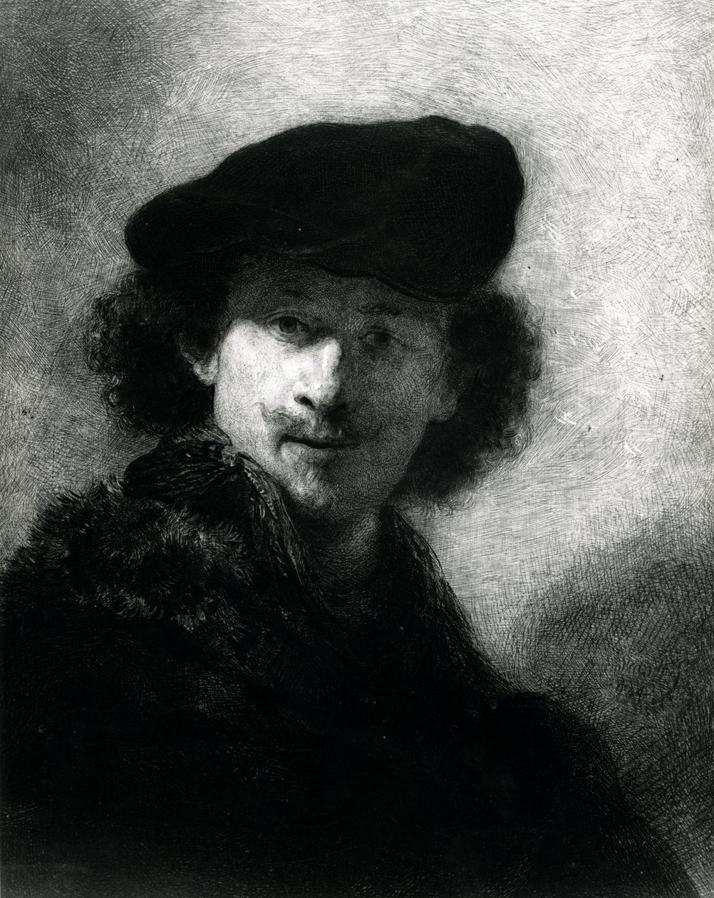Selvportrett med en fløyelsbasker av Rembrandt van Rijn