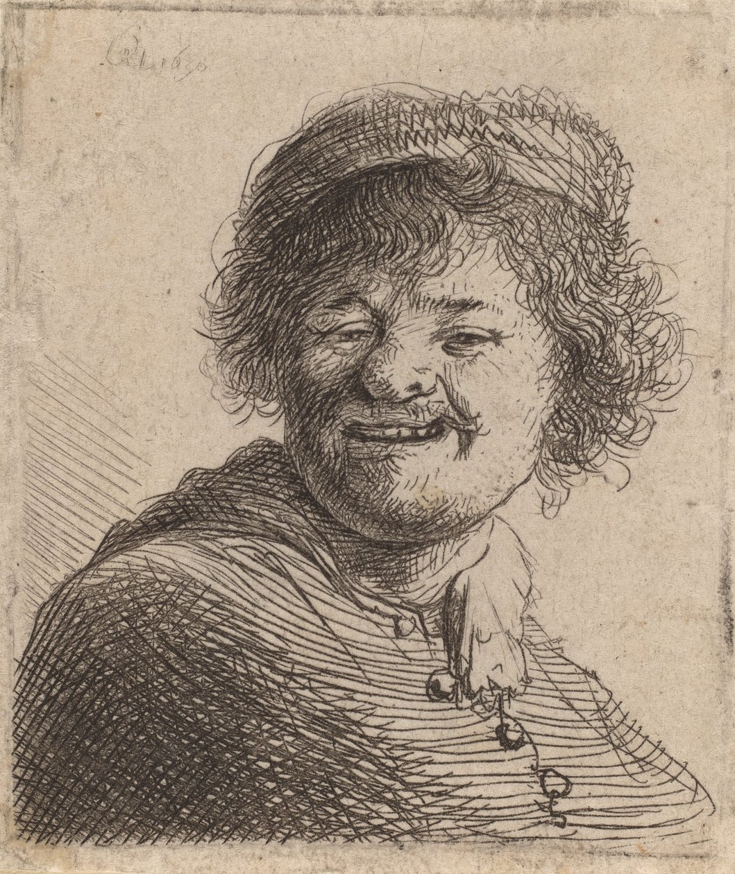 Selvportrett i en Cap Laughing, 1630 av Rembrandt van Rijn