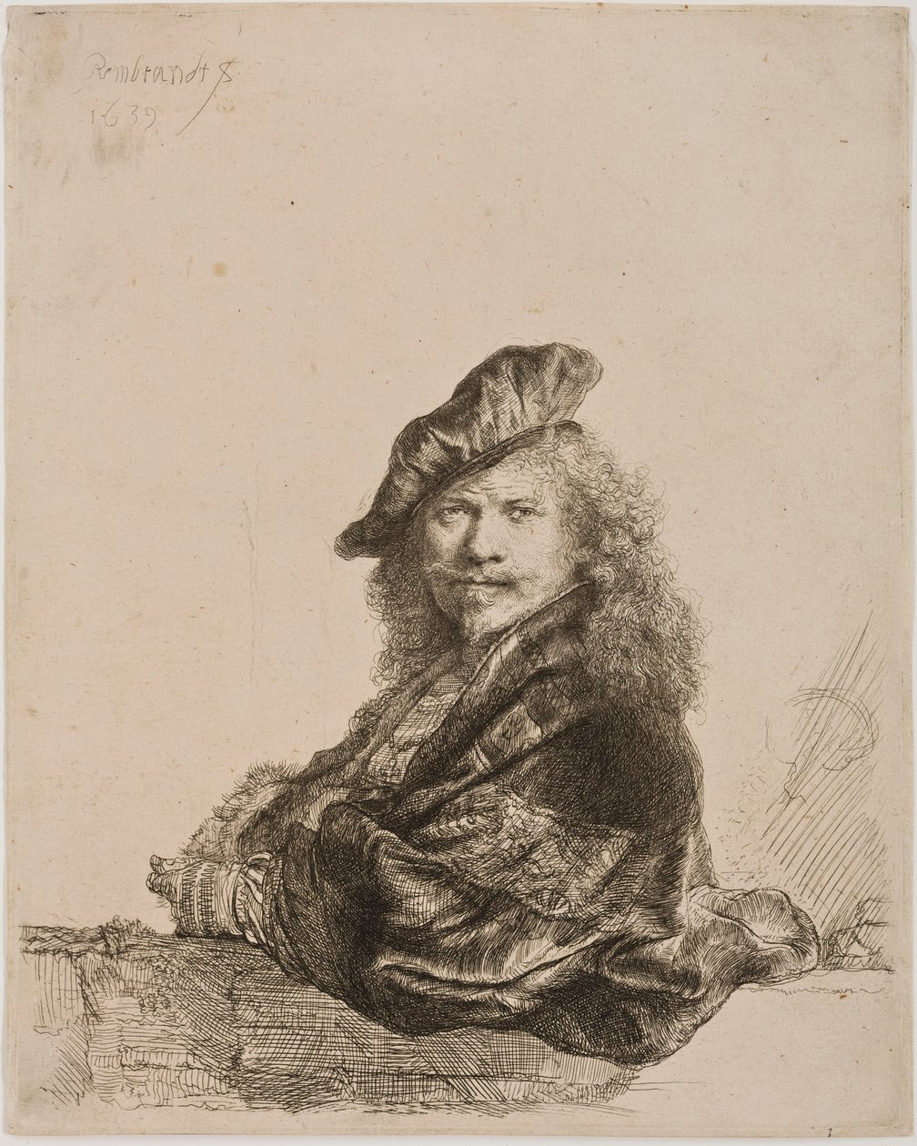 Selvportrett lent på en vinduskarm, 1639 (etsing og tørrnål) av Rembrandt van Rijn